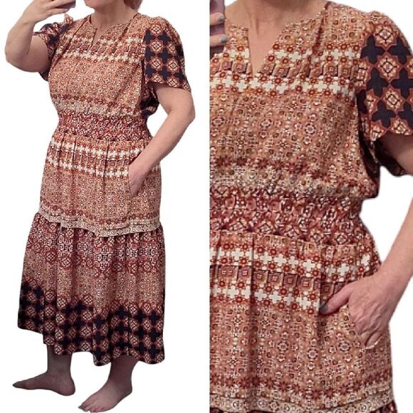 Isabel & Nina Navy Blue Red Multi Printed Short Sleeve Midi Tiered Dress Large - Picture 9 of 14